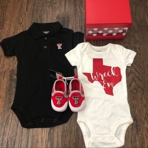 Baby black polo white onesie and red booties Texas